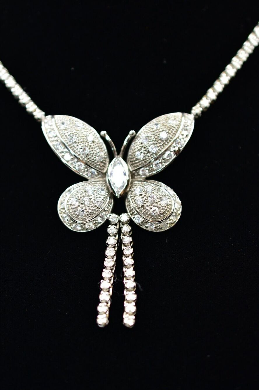 Vintage Butterfly Necklace Sterling Silver 925 Collar Crystal Rhinestone BinI